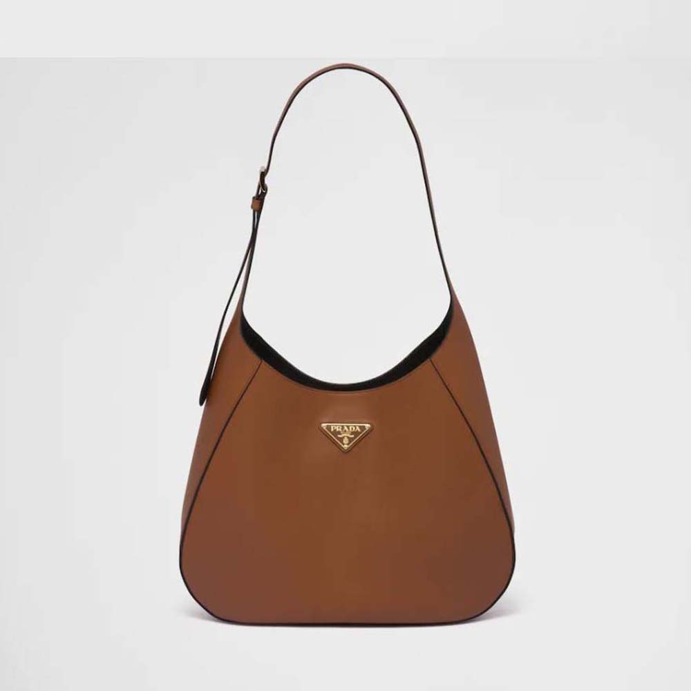 Front angle of Prada Women Large Leather Shoulder Bag with Topstitching-Brown