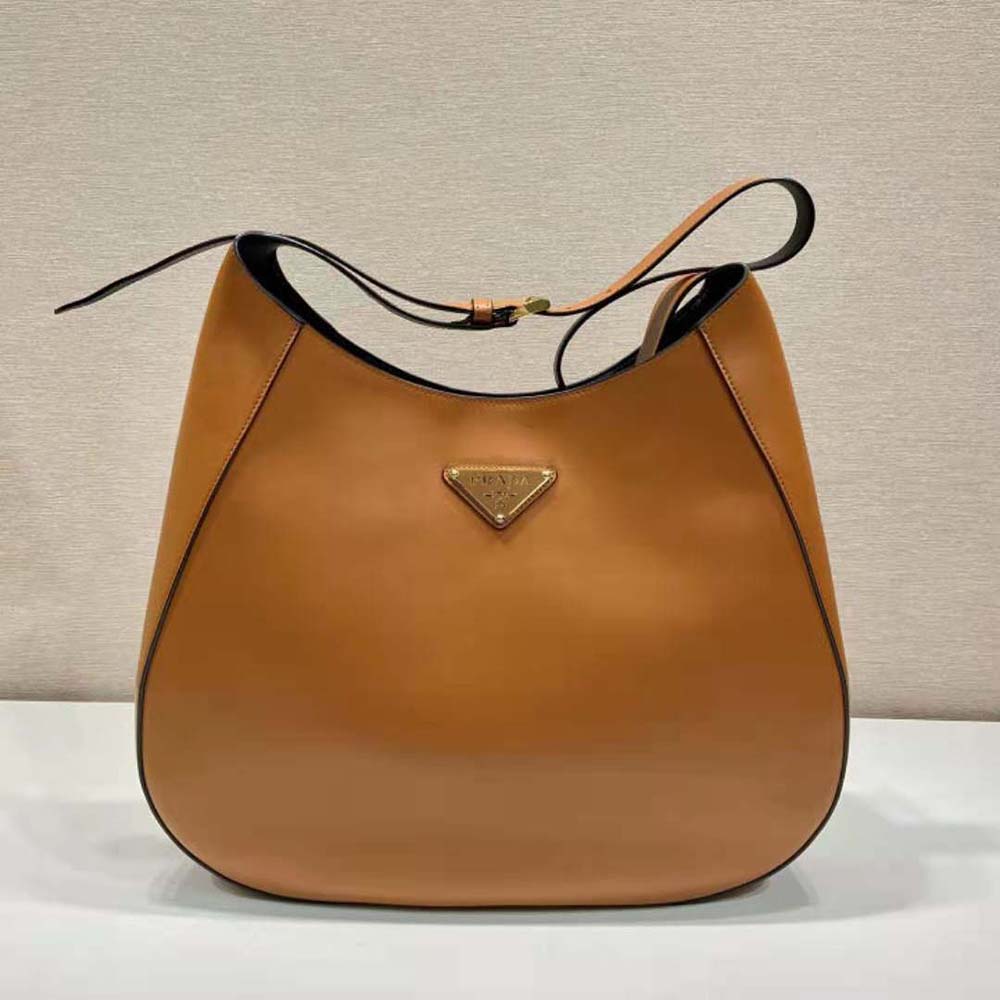 Close-up detail of topstitching on Prada Women Large Leather Shoulder Bag brown leather
