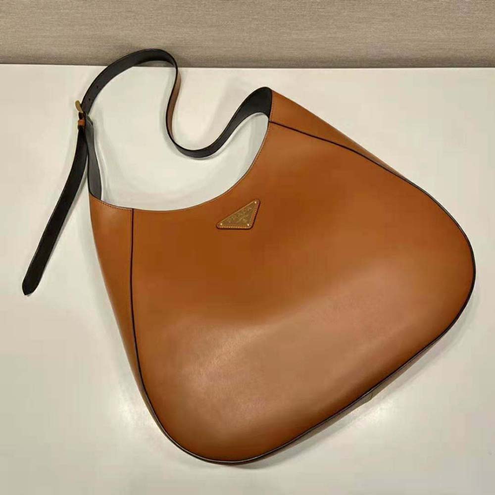 Prada Women Large Leather Shoulder Bag with Topstitching-Brown - image 4