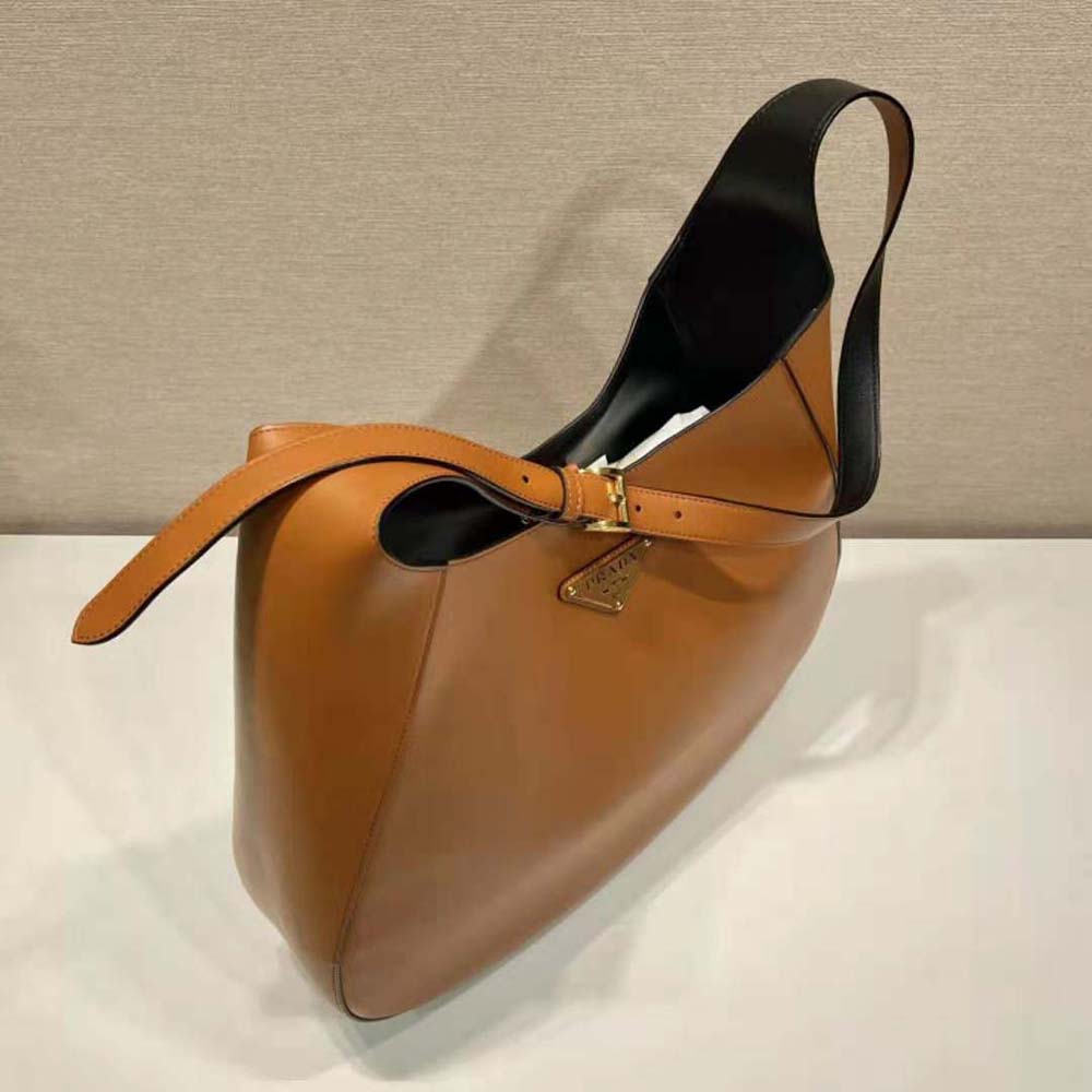 Prada Women Large Leather Shoulder Bag with Topstitching-Brown - image 5