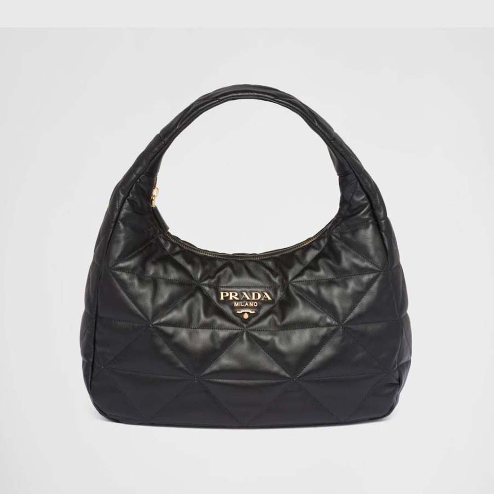 Front view of Prada Women Large Topstitched Nappa-Leather Bag-Black showing zip closure
