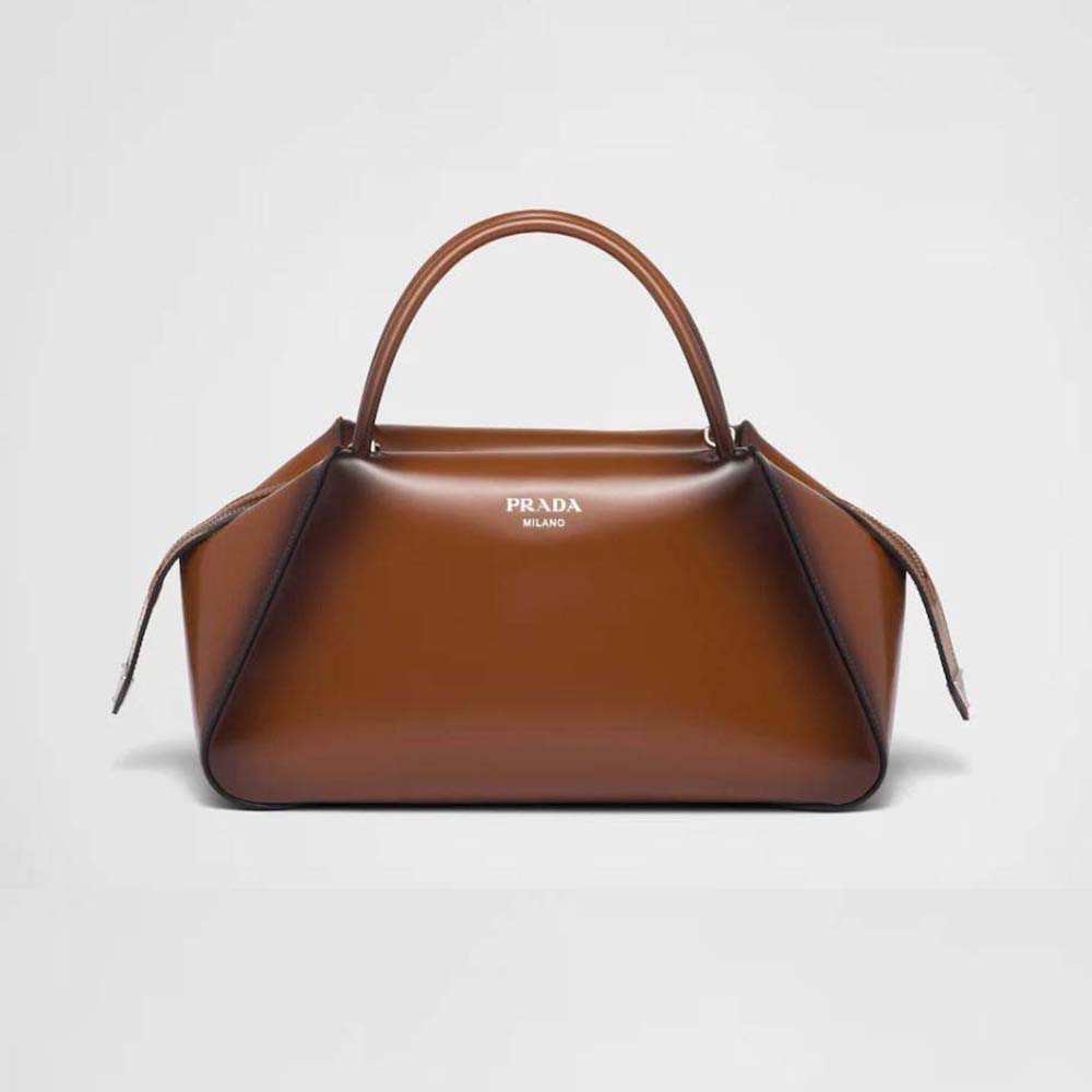 Front view of Prada Women Medium Brushed Leather Prada Supernova Handbag-Brown