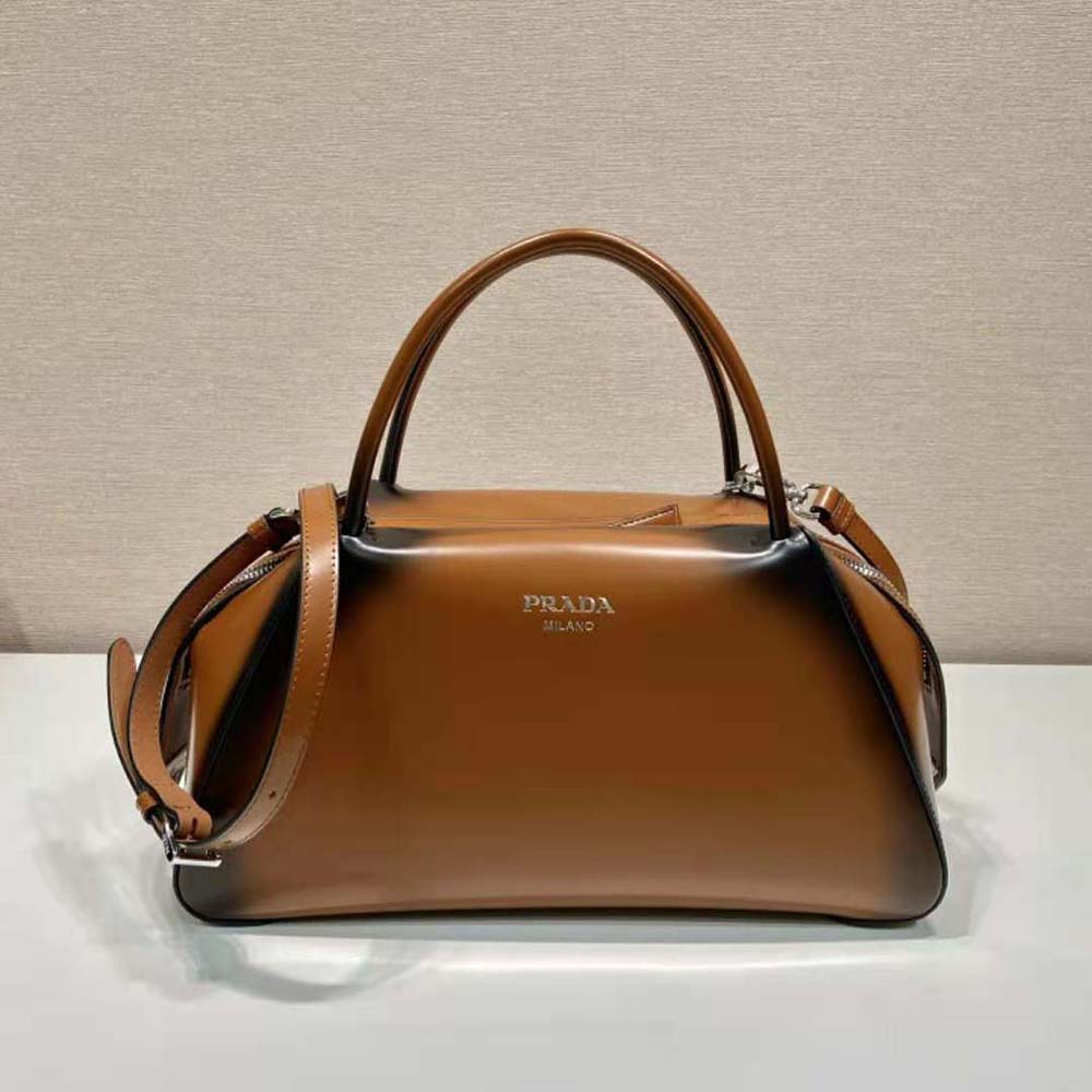 Close-up of brushed leather texture on Prada Supernova Handbag-Brown