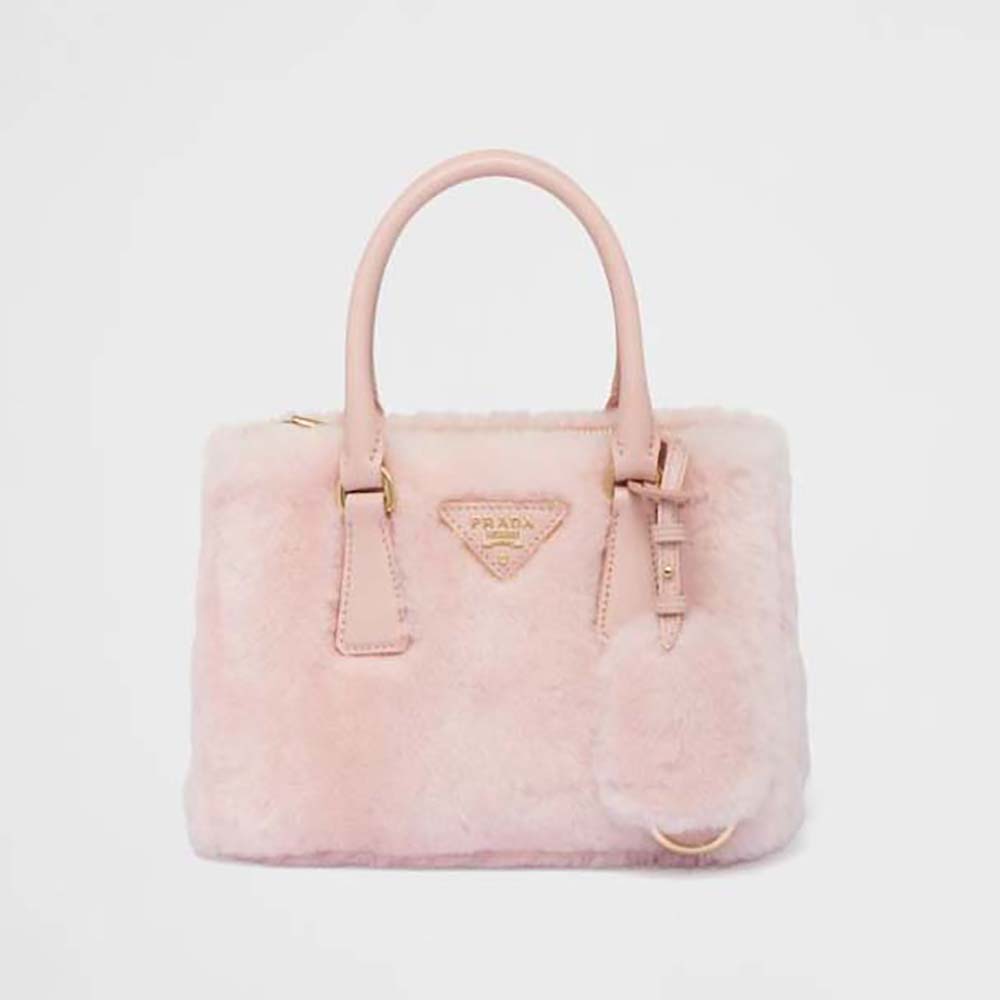Front view of Prada Women Prada Galleria Shearling Mini-Bag-Pink showing silver logo