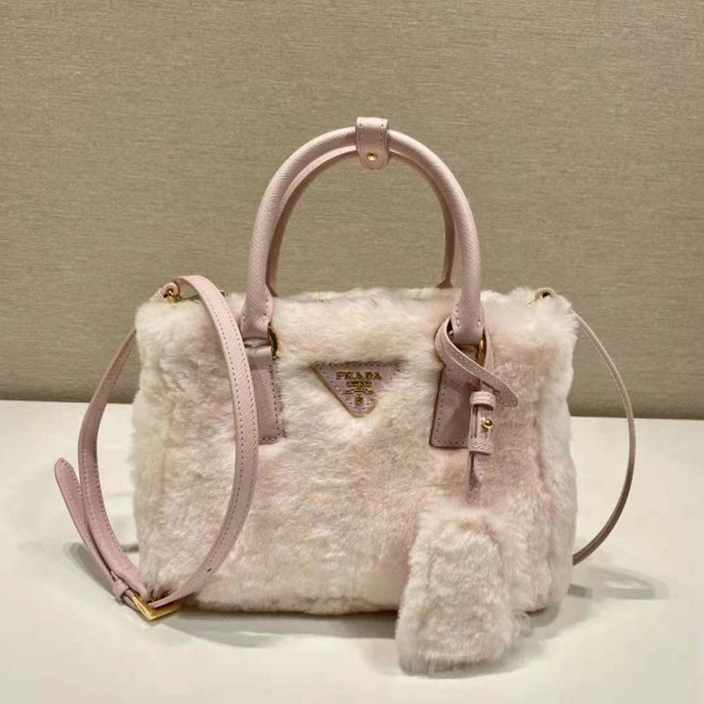 Close-up detail of pink shearling texture on Prada Galleria Mini-Bag