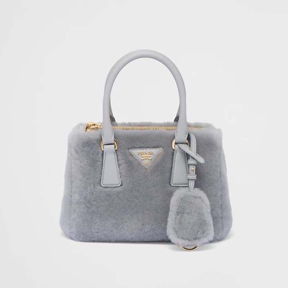Front view of Prada Women Prada Galleria Shearling Mini-Bag-Silver with logo