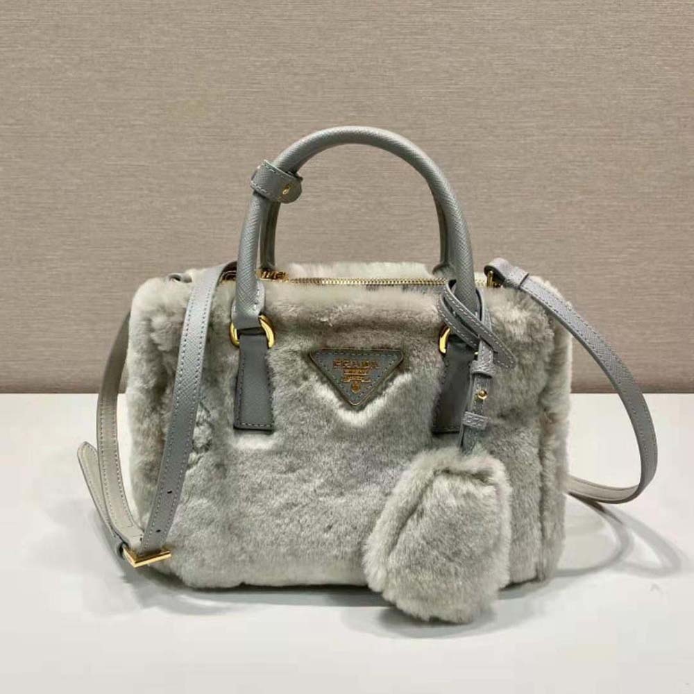 Close-up of silver-tone hardware on Prada Women Prada Galleria Shearling Mini-Bag-Silver