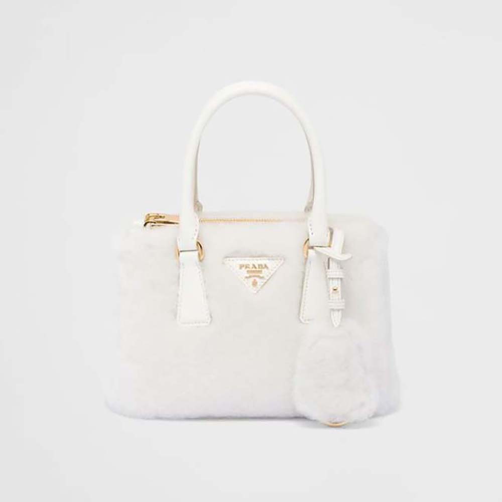 Front view of Prada Women Prada Galleria Shearling Mini-Bag-White showing logo