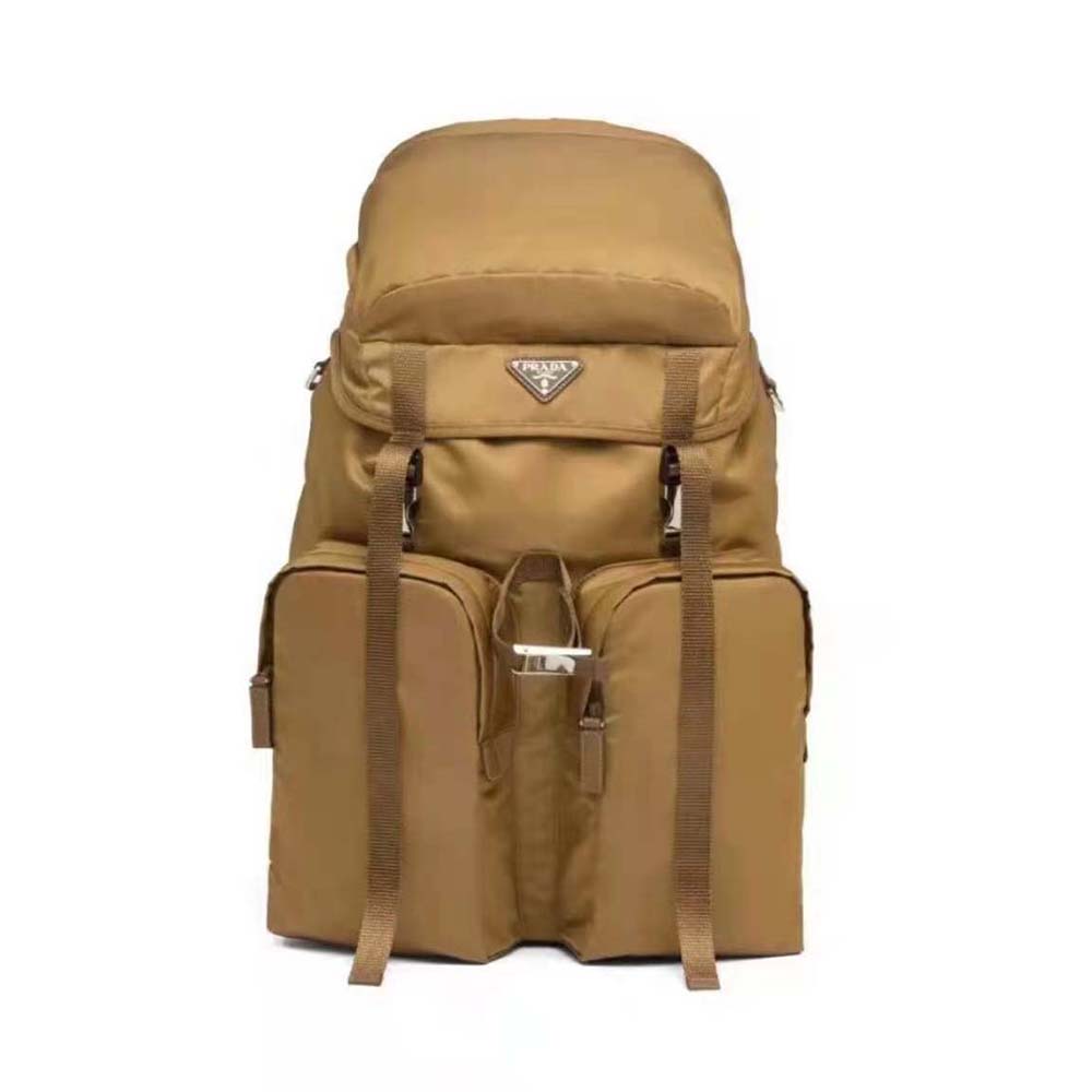 Front view of Prada Women Re-Nylon and Saffiano Leather Backpack-Brown
