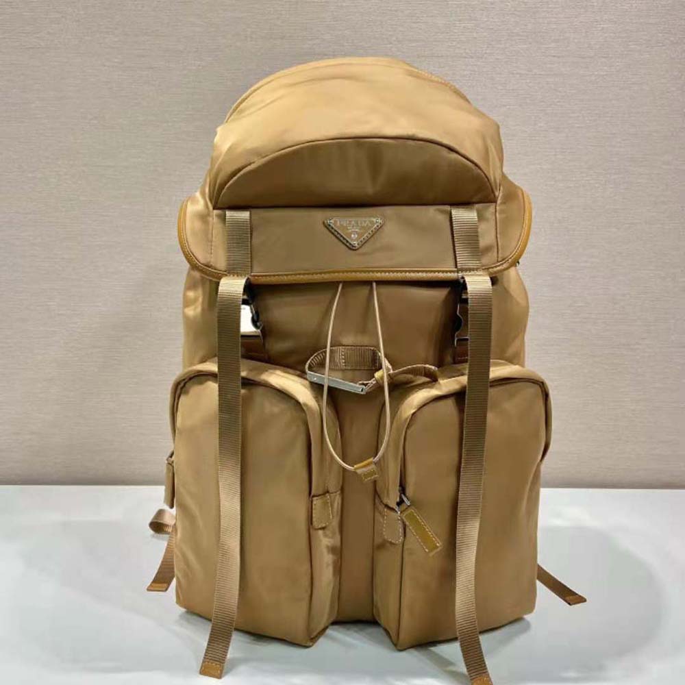Close-up of saffiano leather and Prada logo on backpack