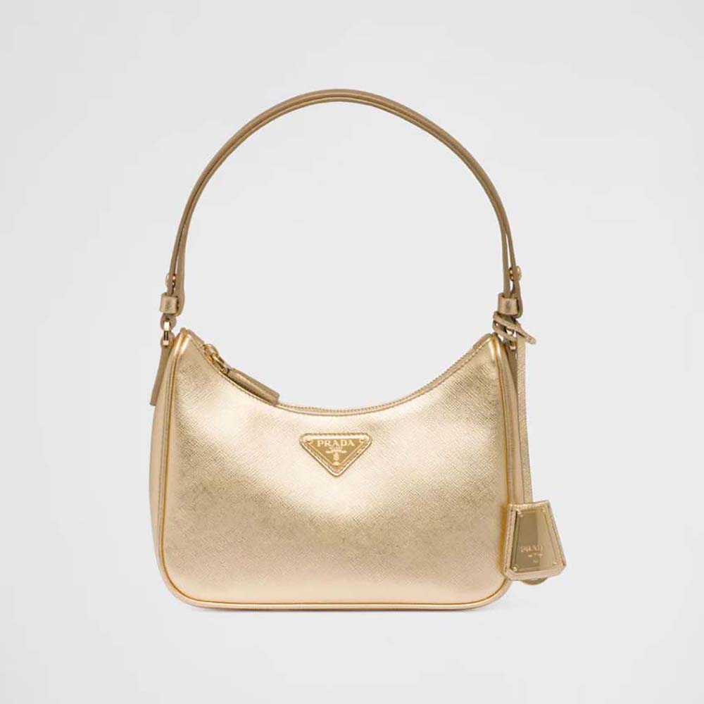 Front view of Prada Women Saffiano Leather Mini Bag-Gold showing clasp