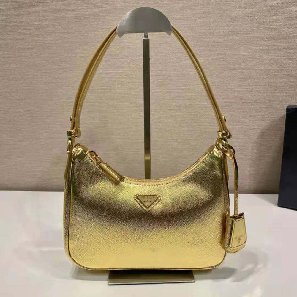 Side angle highlighting sleek silhouette of Prada Women Saffiano Leather Mini Bag-Gold
