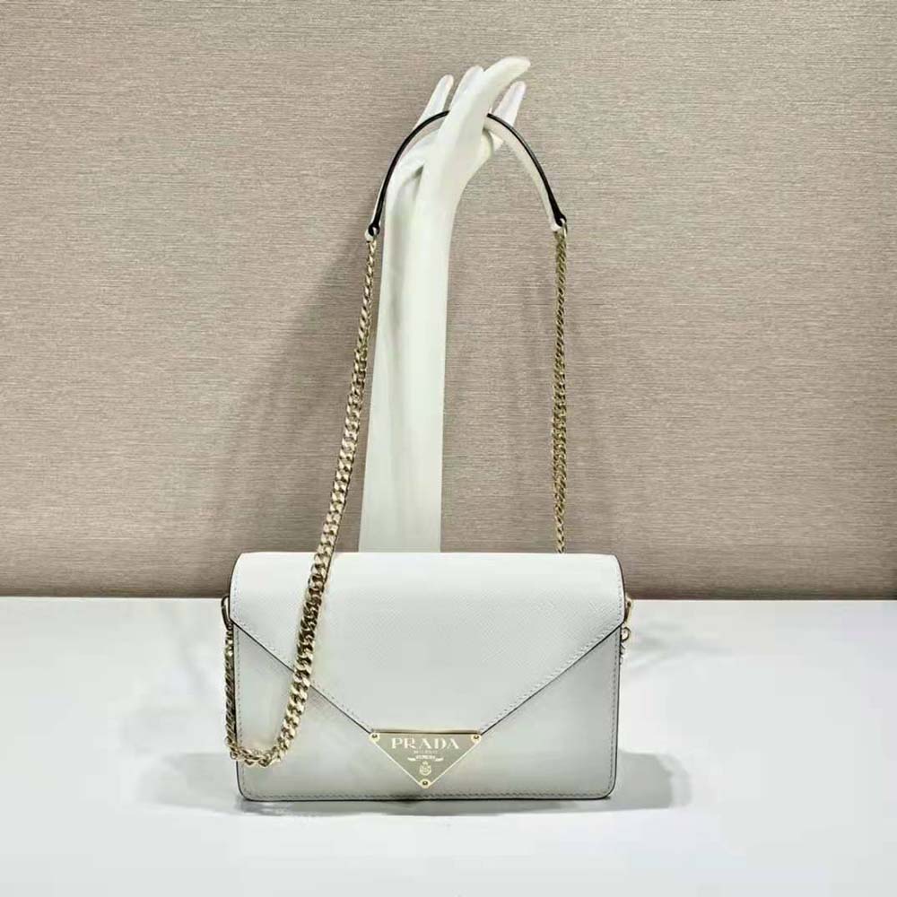 Close-up detail of Prada Women Saffiano Leather Shoulder Bag-White silver hardware