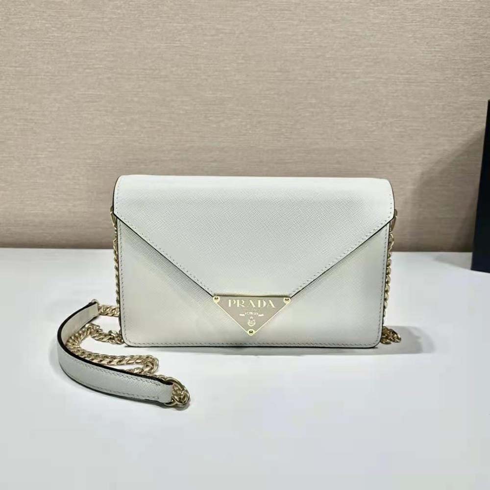 Side angle showing structured shape of Prada Women Saffiano Leather Shoulder Bag-White
