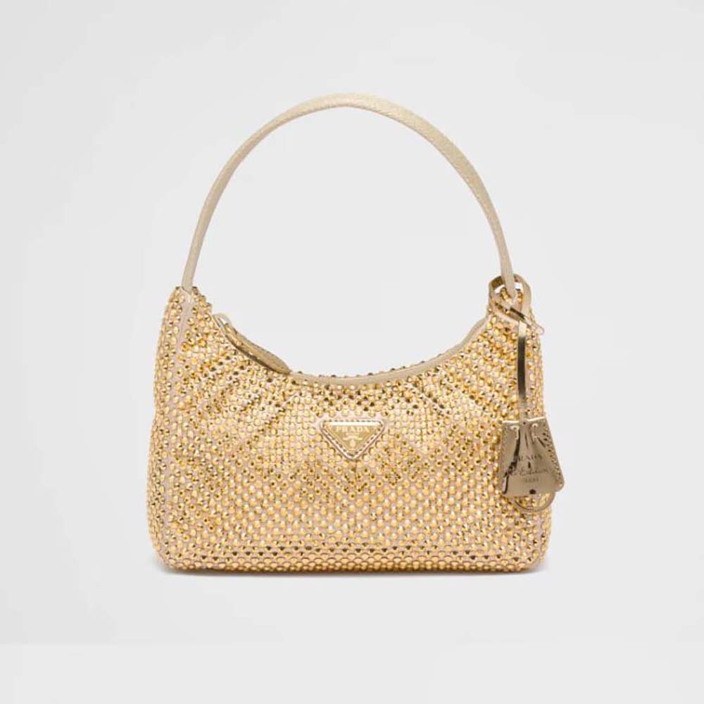 Front view of Prada Women Satin Mini-Bag with Crystals-Gold showing crystal details