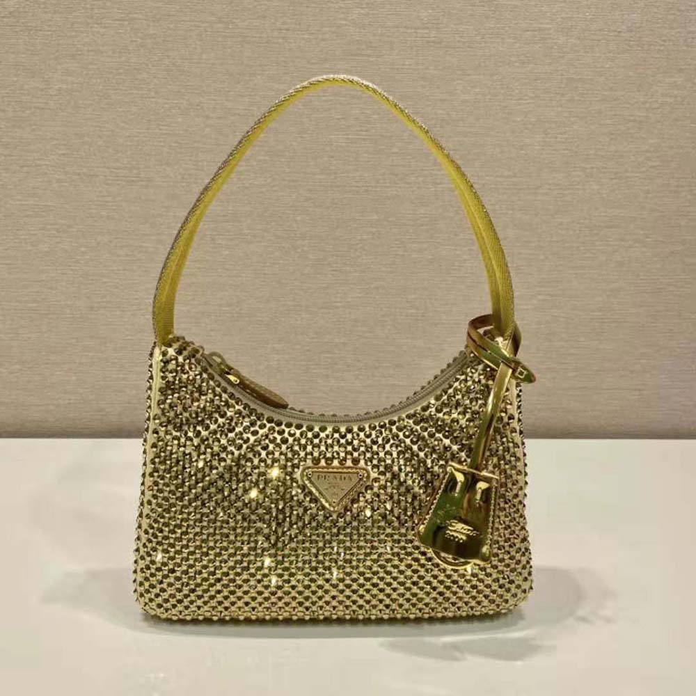 Close-up of gold-tone hardware and satin texture on Prada Women Satin Mini-Bag with Crystals-Gold