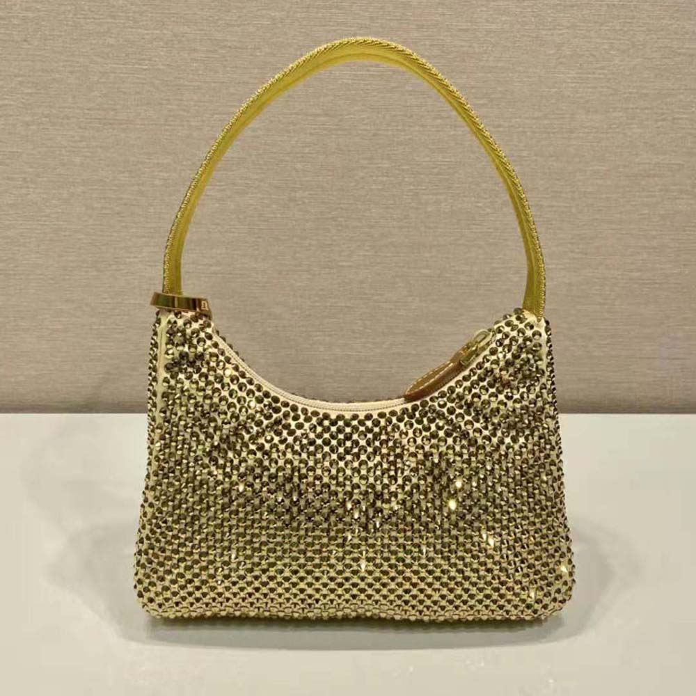 Side angle of compact silhouette on Prada Women Satin Mini-Bag with Crystals-Gold