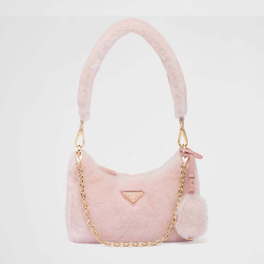 Front view of Prada Women Shearling Mini-Bag with enameled metal logo pink