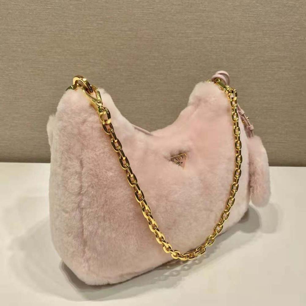 Prada Women Shearling Mini-Bag with the Enameled Metal Triangle Logo-Pink - image 5