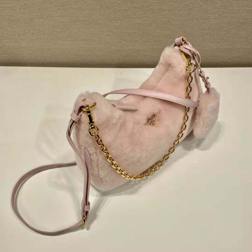 Prada Women Shearling Mini-Bag with the Enameled Metal Triangle Logo-Pink - image 4