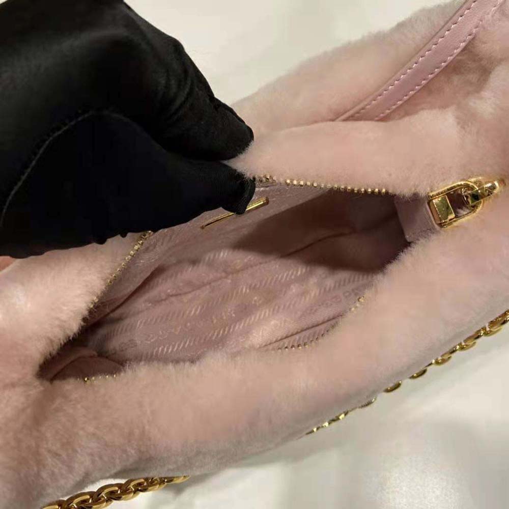 Prada Women Shearling Mini-Bag with the Enameled Metal Triangle Logo-Pink - image 9