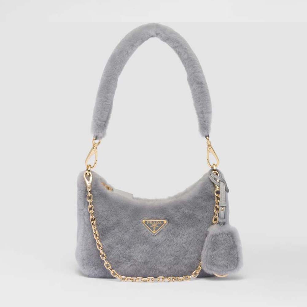 Front view of Prada Women Shearling Mini-Bag with shiny silver logo