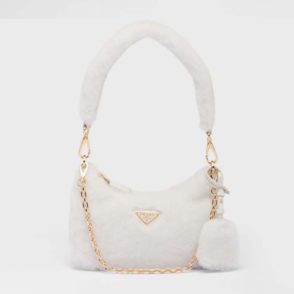 Front view of Prada Women Shearling Mini-Bag with white shearling