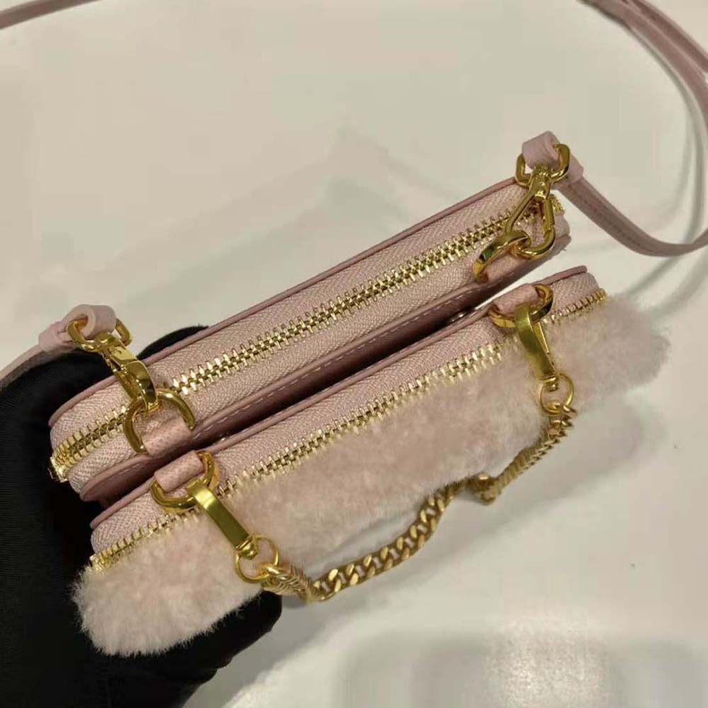 Prada Women Shearling and Saffiano Leather Mini-Pouch-Pink - image 8
