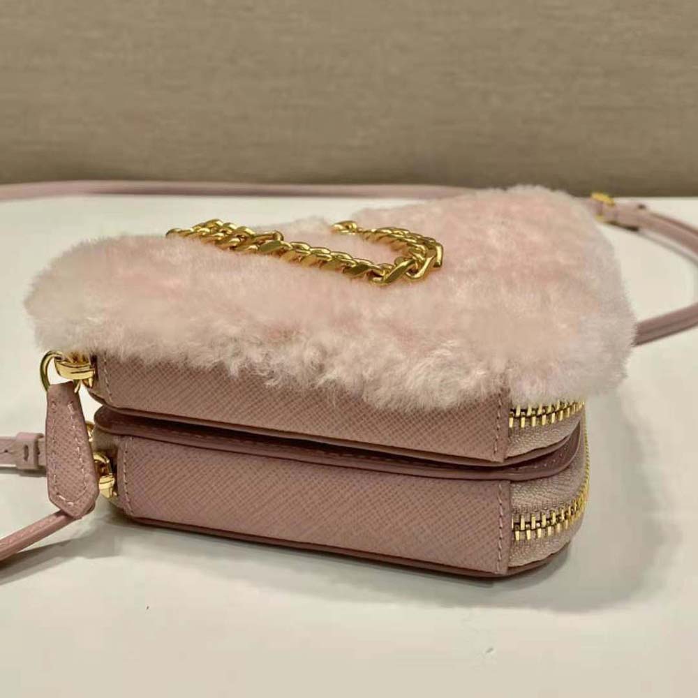 Prada Women Shearling and Saffiano Leather Mini-Pouch-Pink - image 7