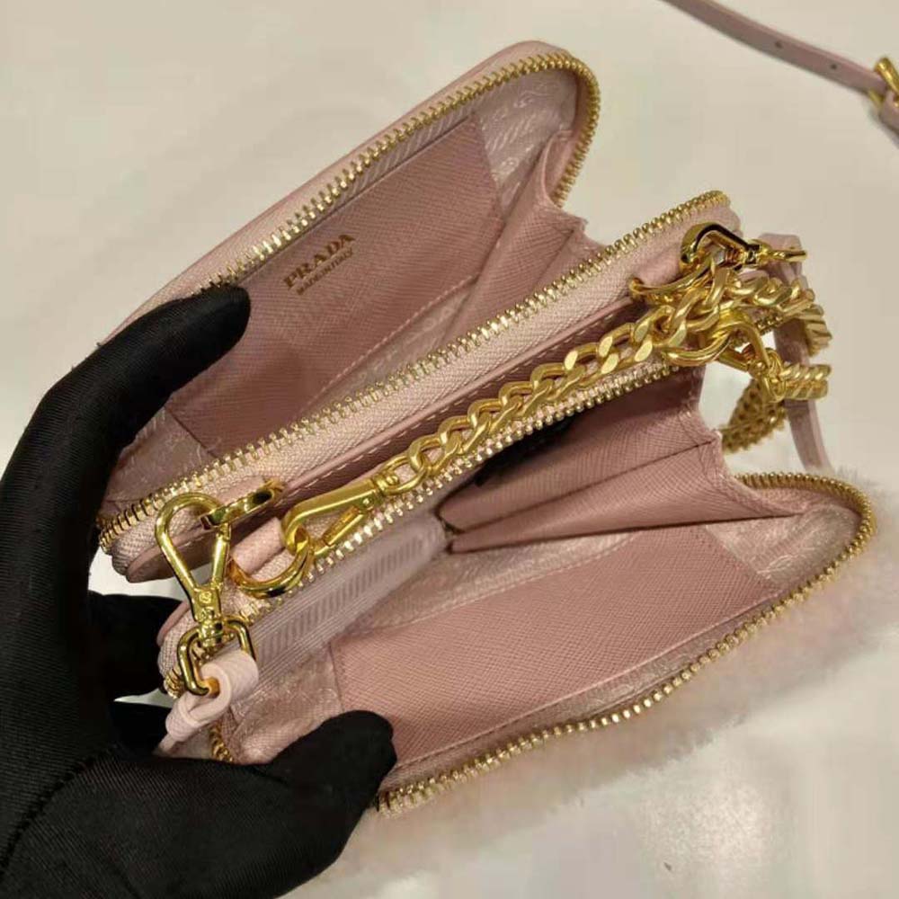 Prada Women Shearling and Saffiano Leather Mini-Pouch-Pink - image 9