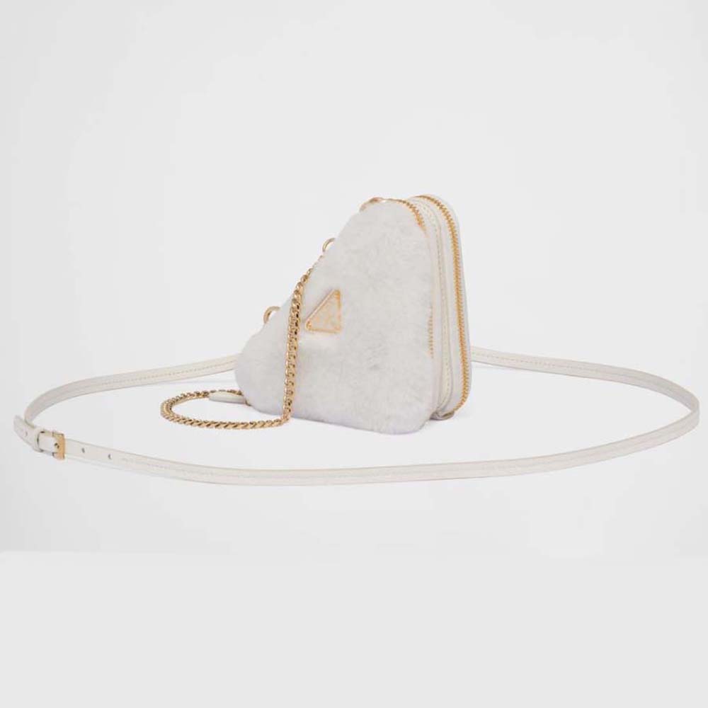 Front view of Prada Women Shearling and Saffiano Leather Mini-Pouch-White