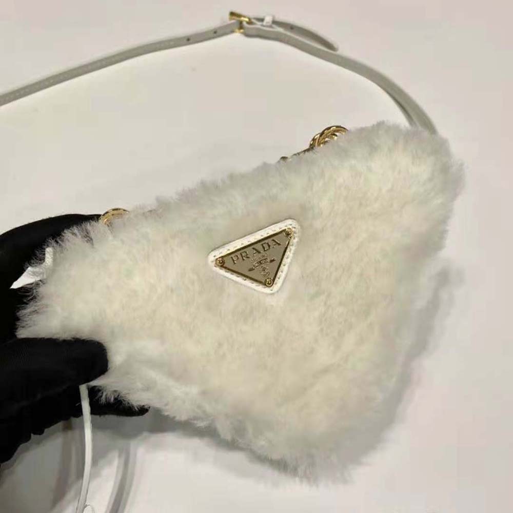 Prada Women Shearling and Saffiano Leather Mini-Pouch-White - image 5