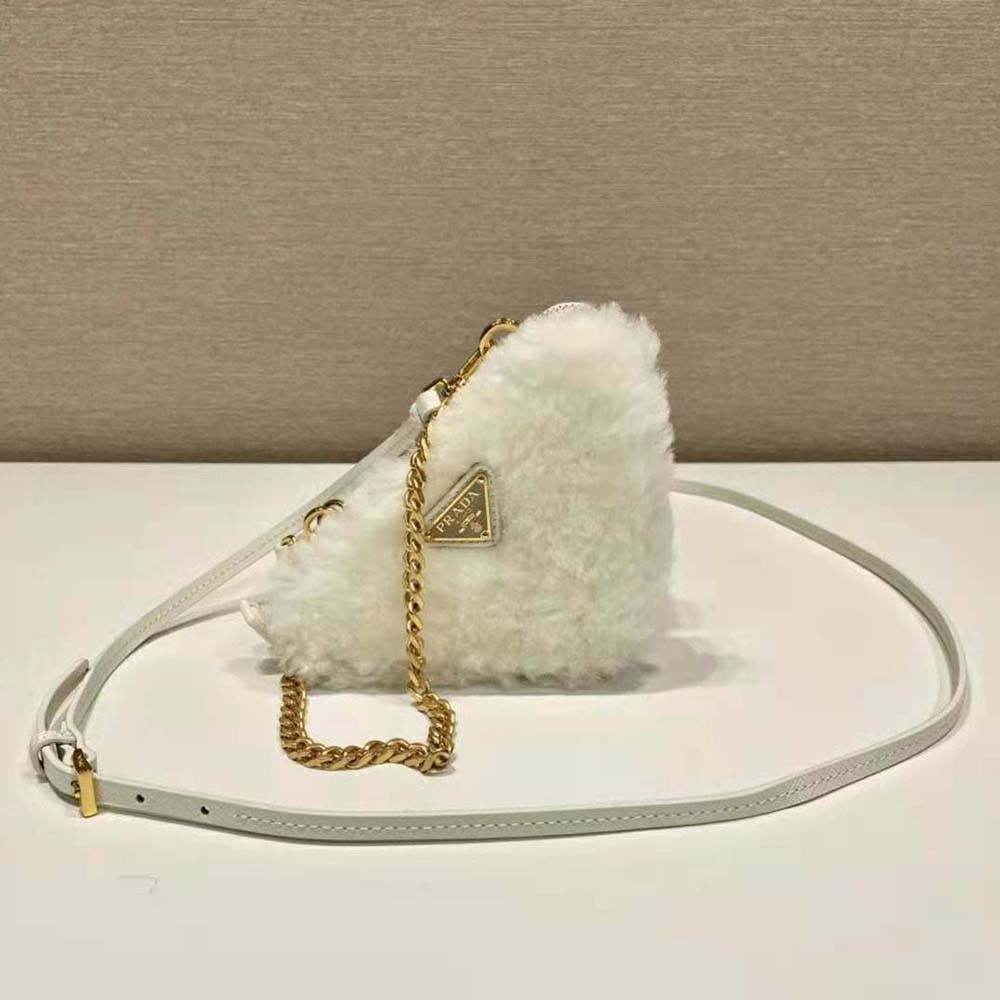 Prada Women Shearling and Saffiano Leather Mini-Pouch-White - image 4