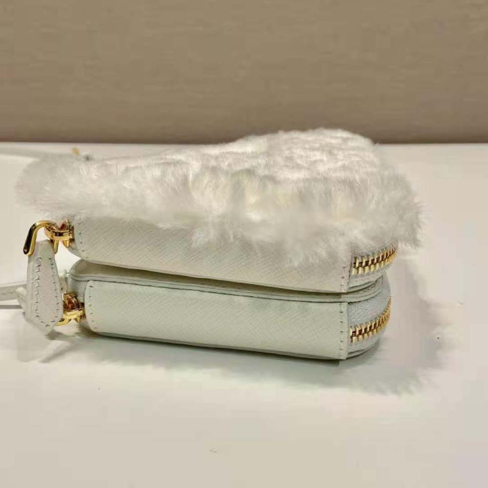 Prada Women Shearling and Saffiano Leather Mini-Pouch-White - image 7