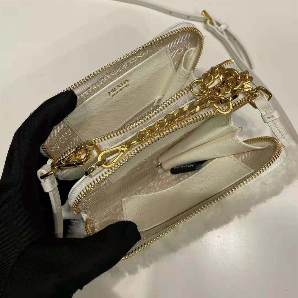 Prada Women Shearling and Saffiano Leather Mini-Pouch-White - image 9
