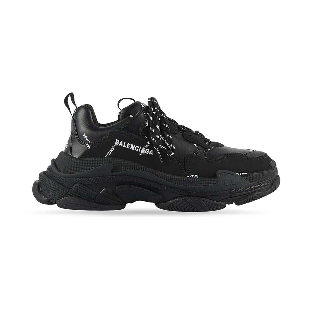 Side profile of Balenciaga Unisex Triple S Sneaker Allover Logo in dark green and black
