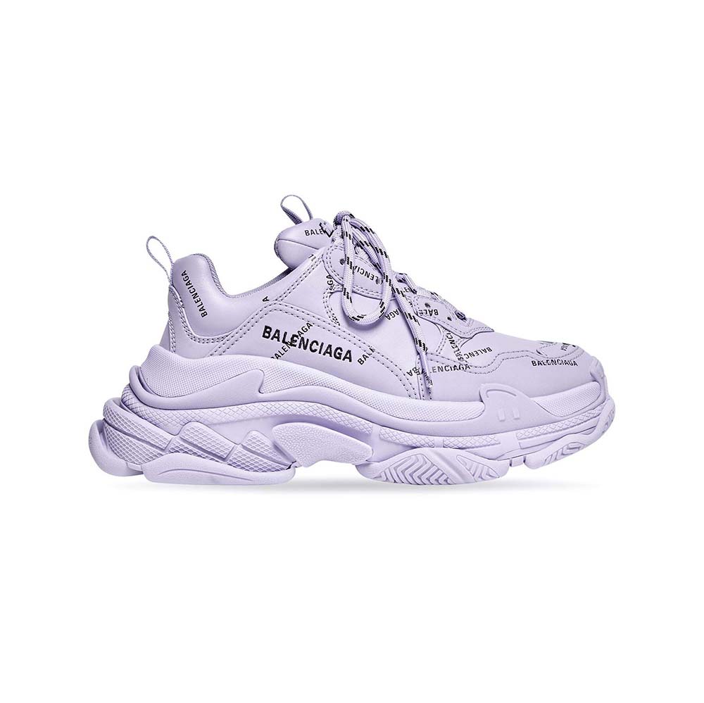 Side profile of Balenciaga Unisex Triple S Sneaker Allover Logo in lilac purple
