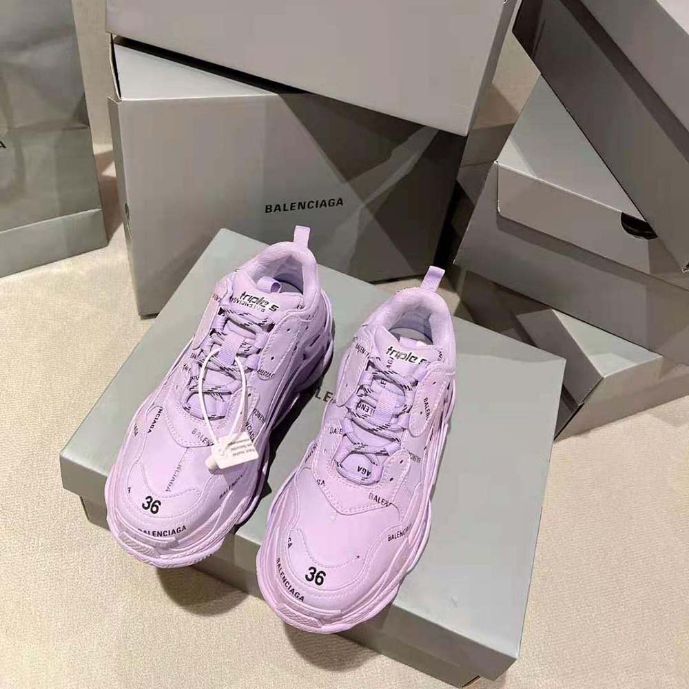 Top-down view showing bulky silhouette of Balenciaga Triple S sneaker in lilac