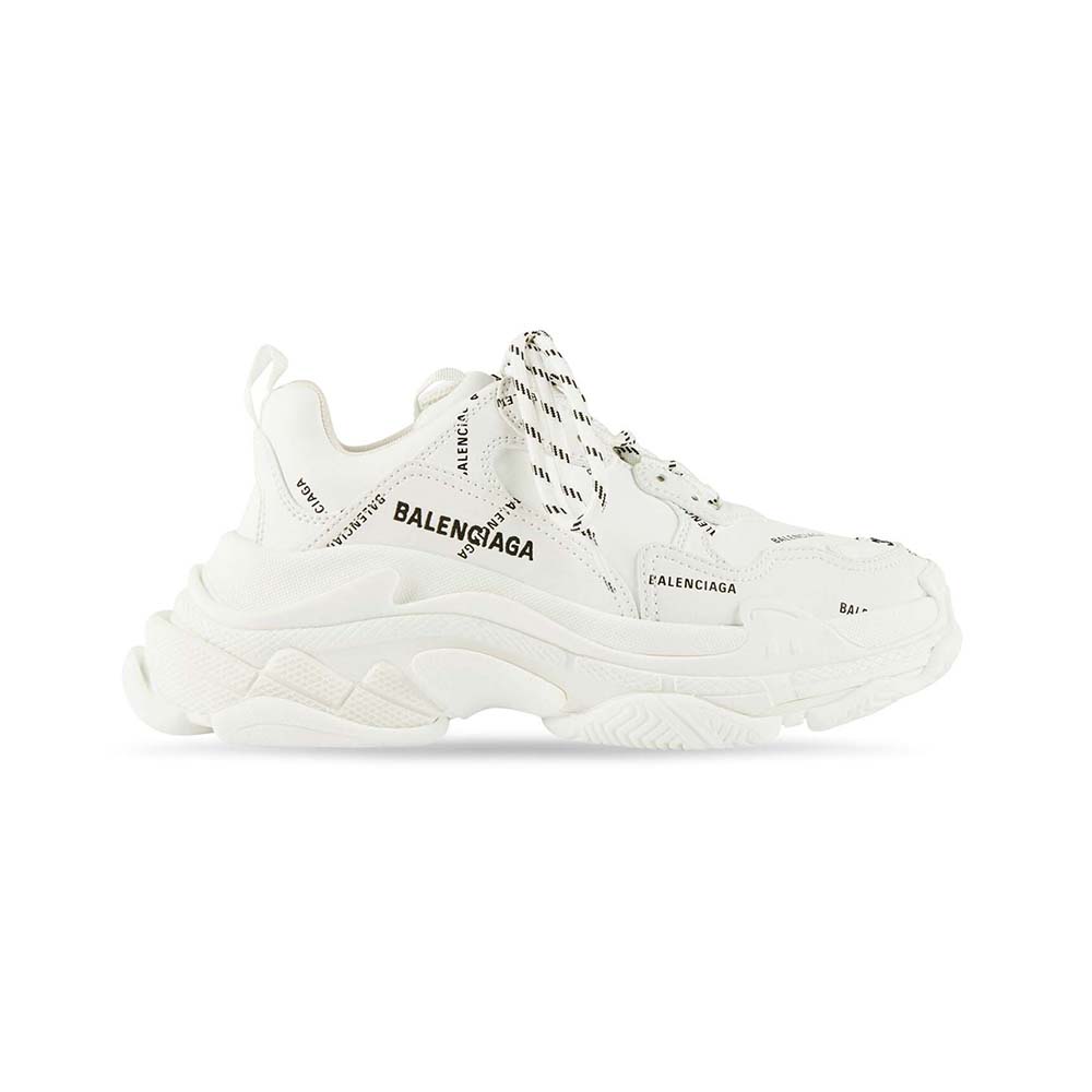 Front angle of Balenciaga Unisex Triple S Sneaker Allover Logo white and black