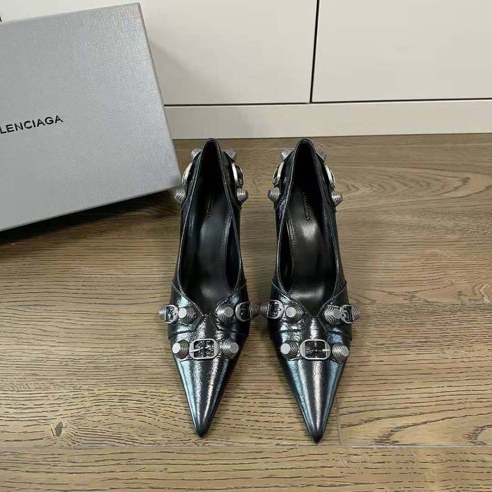 Close-up of black lambskin texture and strap on Balenciaga Cagole pump