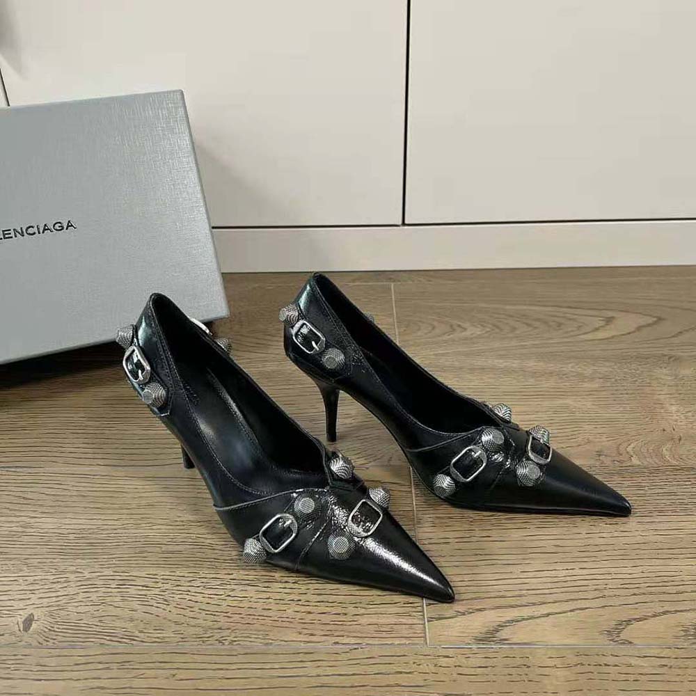 Rear view showing 90mm heel and signature hardware on Balenciaga pump