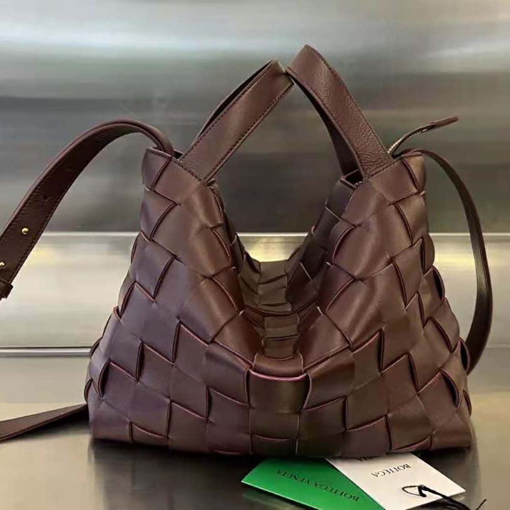 Close-up of maroon Intreccio leather detailing on Bottega Veneta Bowling Bag
