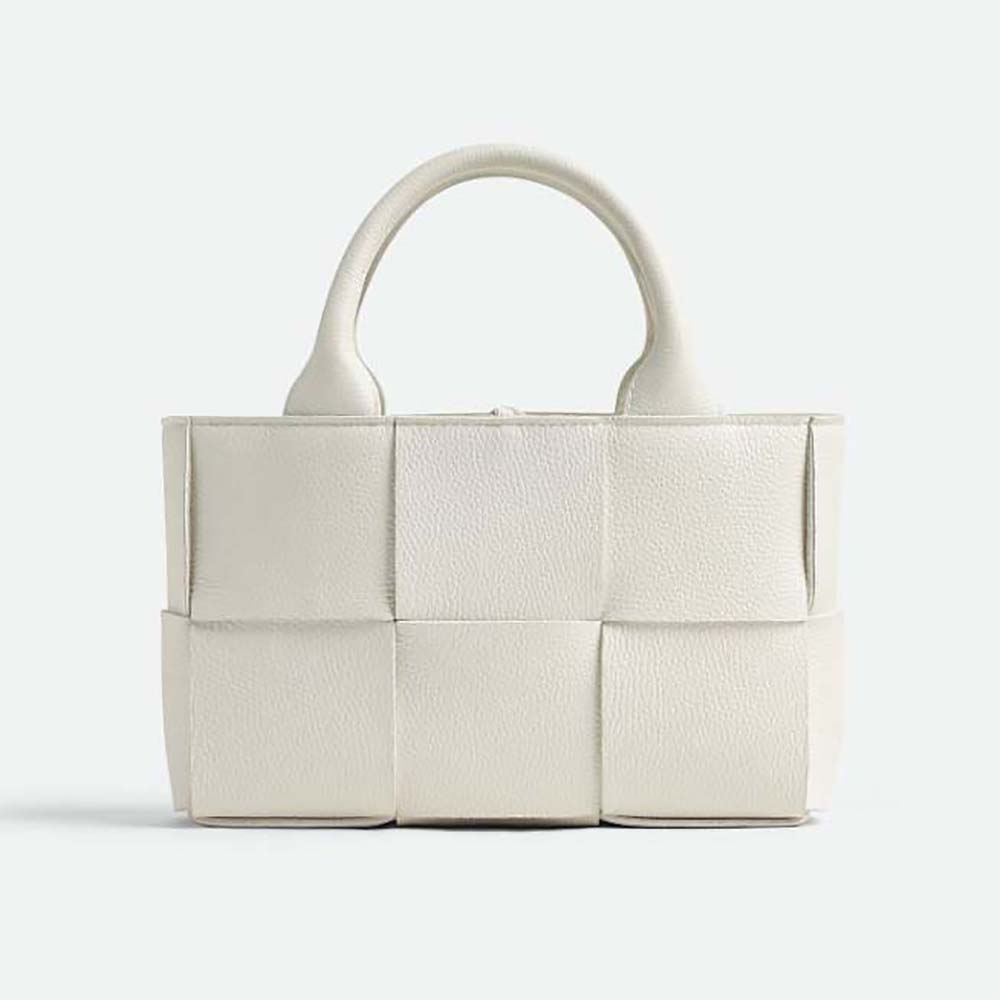 Front view of Bottega Veneta Women Candy Arco Tote Bag Micro Intreccio Grained Leather Tote Bag with Detachable Strap-White