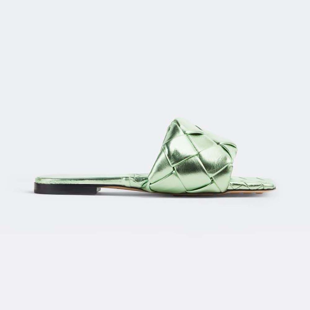 Side profile of Bottega Veneta Women Lido Flat Sandal Intreccio Metallised Leather Flat Sandals-Aqua