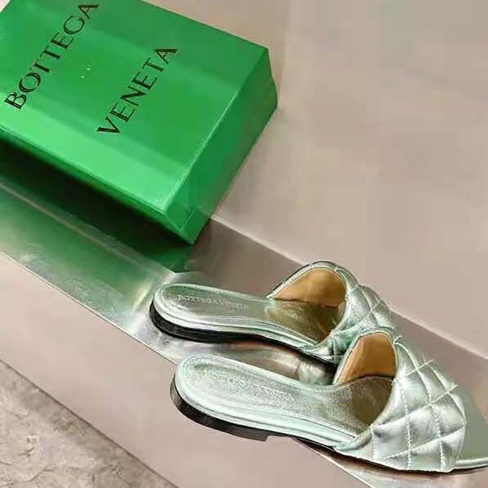 Bottega Veneta Women Lido Flat Sandal Intreccio Metallised Leather Flat Sandals-Aqua - image 9