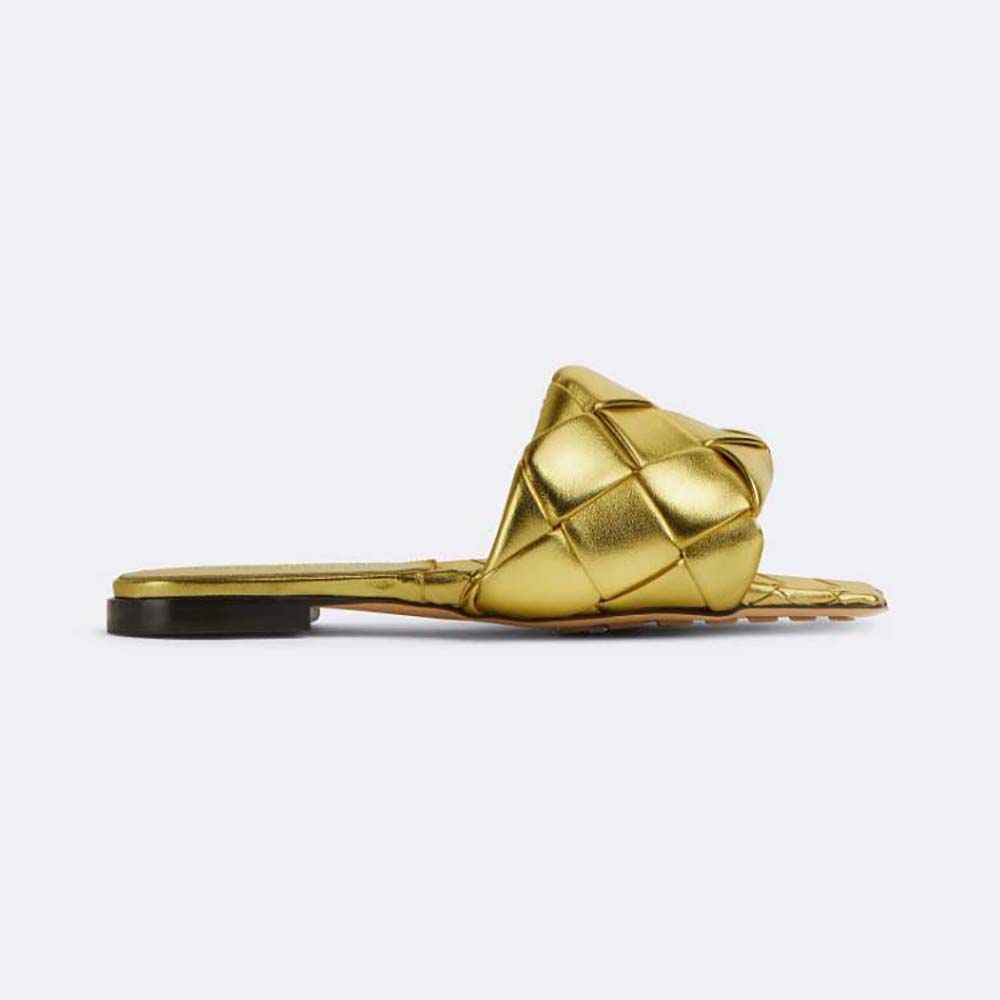 Side view of Bottega Veneta Women Lido Flat Sandal Intreccio Metallised Leather Flat Sandals-Gold