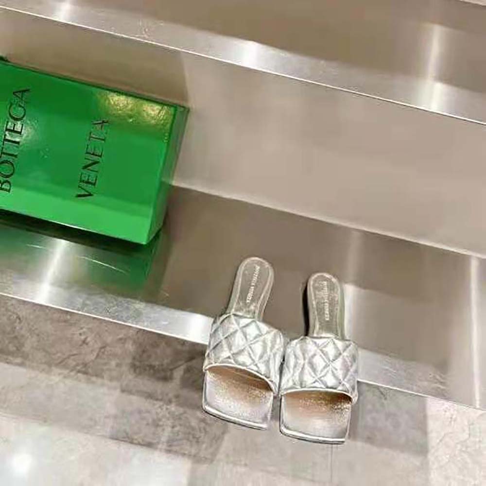 Close-up of silver intreccio woven detail on Bottega Veneta Lido Flat Sandal