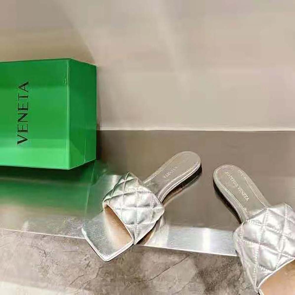 Bottega Veneta Women Lido Flat Sandal Intreccio Metallised Leather Flat Sandals-Silver - image 7