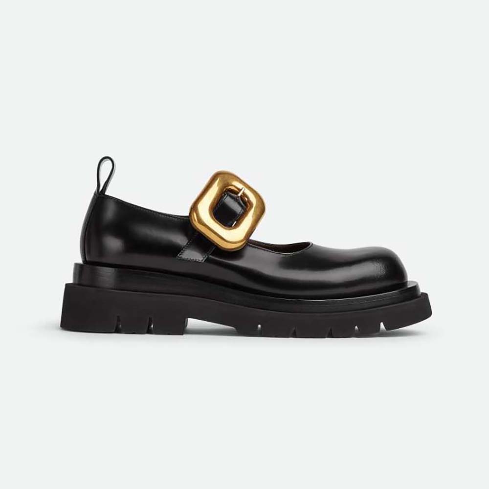 Front angle of Bottega Veneta Women Lug Mary-Jane Flats-Black