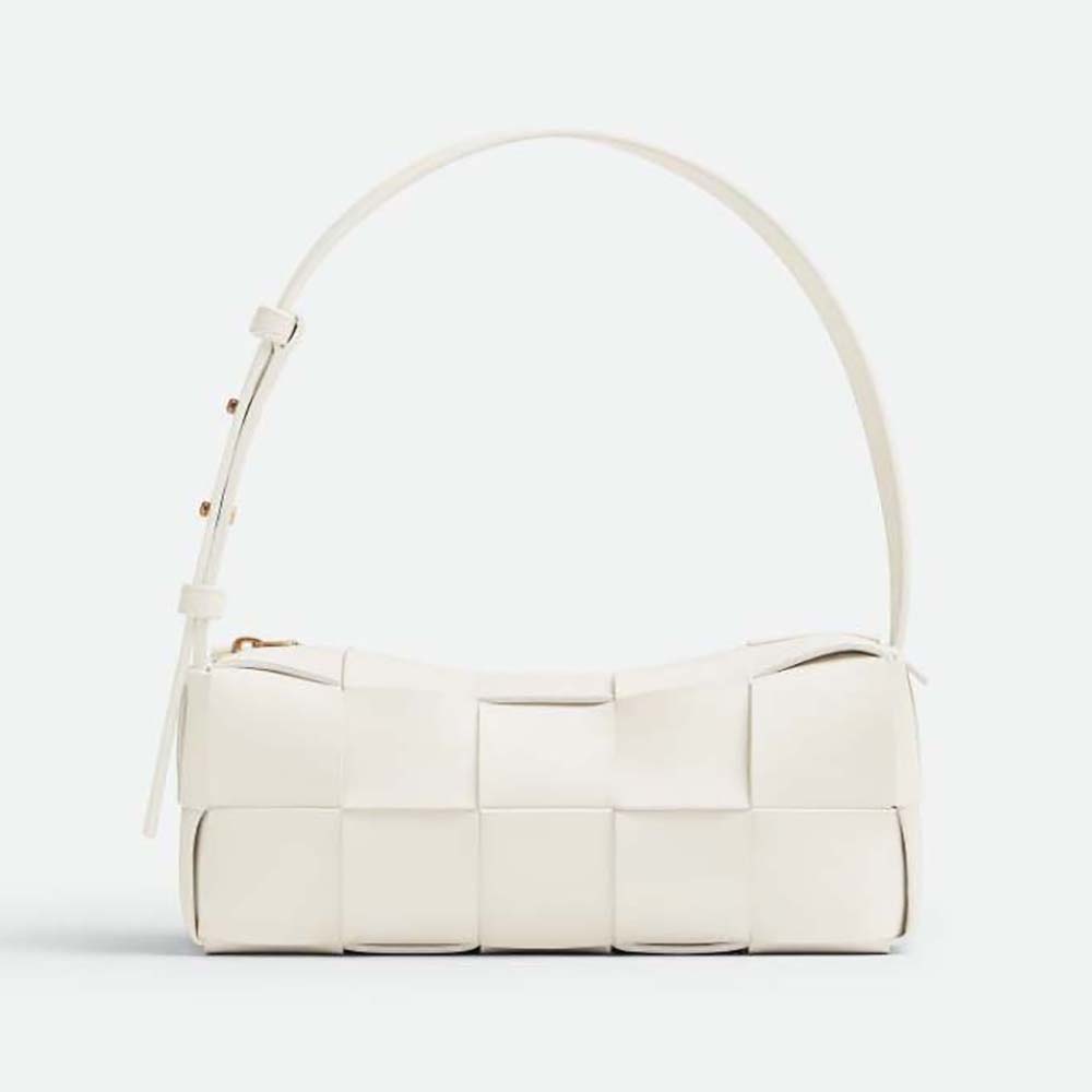 Front view of Bottega Veneta Small Brick Cassette Intreccio Leather Shoulder Bag-White